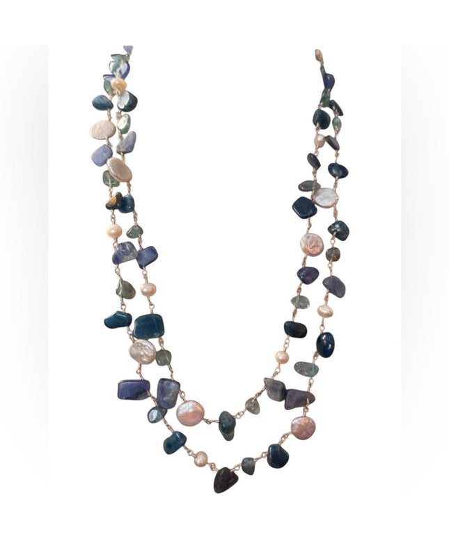 Multi-Strand Sterling Silver 925 Beaded Necklace Pearls & Blue/Green Gemstones