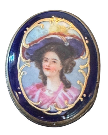 Antique 2" Hand painted Porcelain Female Portrait Cameo Style Brooch, Oval