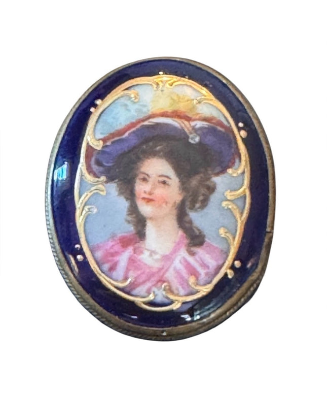 Antique 2" Hand painted Porcelain Female Portrait Cameo Style Brooch, Oval
