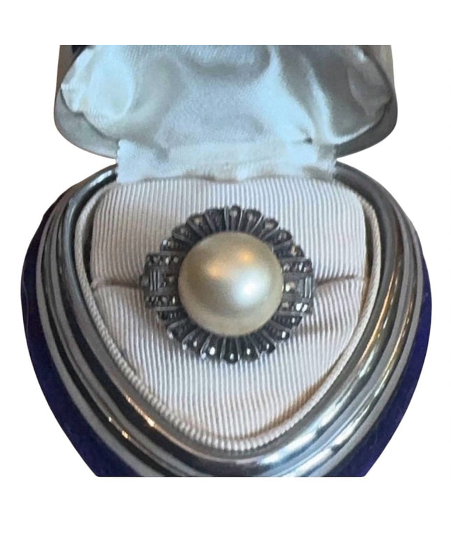 Sterling Silver 925 Vintage Pearl Ring with Marcasite Accents