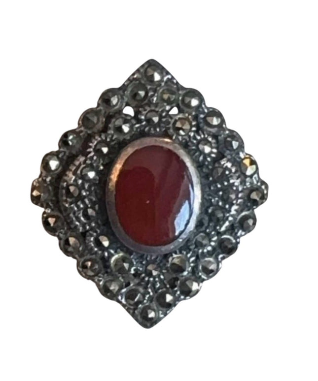 Vintage Sterling Silver 925 Carnelian & Marcasite Ring, US Size 6.5
