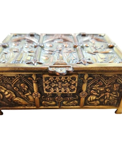 Antique Ornate Gold Finish Jewelry Casket Box Medieval Gothic Reliquary Trinket