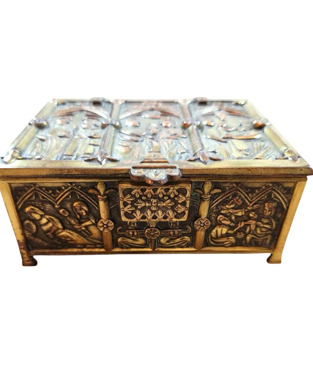 Antique Ornate Gold Finish Jewelry Casket Box Medieval Gothic Reliquary Trinket