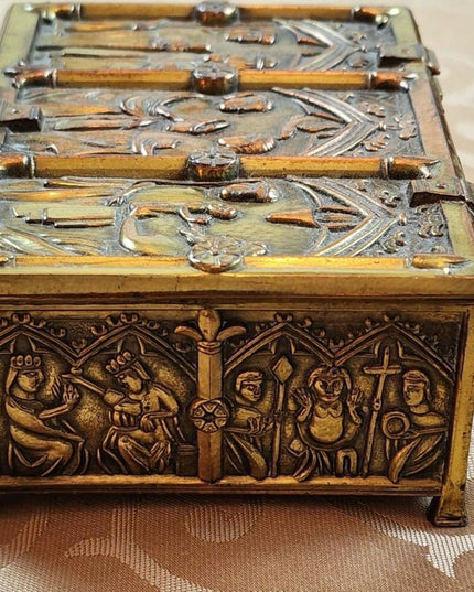 Antique Ornate Gold Finish Jewelry Casket Box Medieval Gothic Reliquary Trinket