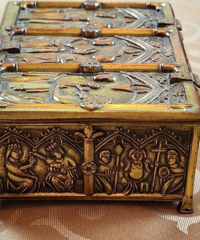Antique Ornate Gold Finish Jewelry Casket Box Medieval Gothic Reliquary Trinket