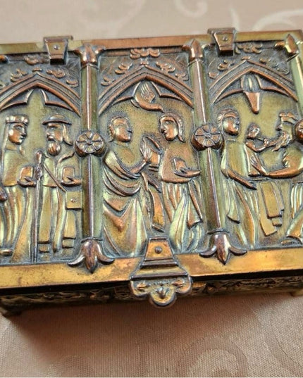 Antique Ornate Gold Finish Jewelry Casket Box Medieval Gothic Reliquary Trinket
