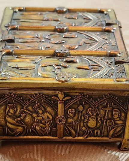 Antique Ornate Gold Finish Jewelry Casket Box Medieval Gothic Reliquary Trinket