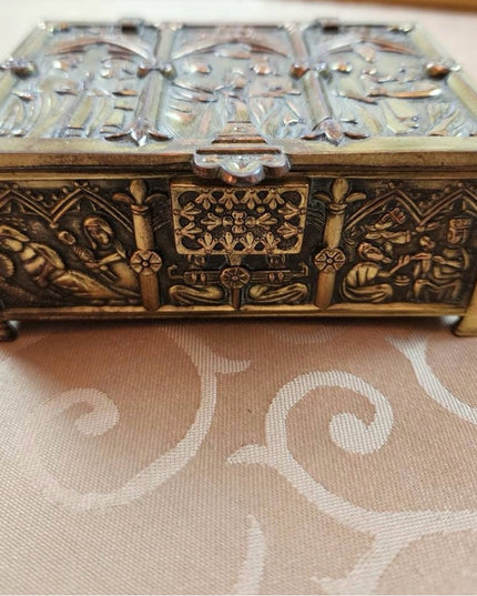 Antique Ornate Gold Finish Jewelry Casket Box Medieval Gothic Reliquary Trinket