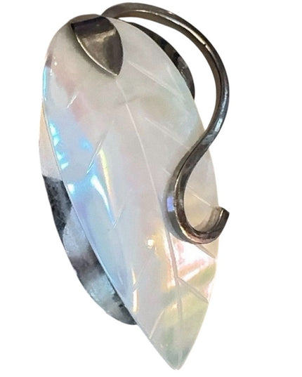 Vintage 2.5" Large Western Germany Mother-of-Pearl Leaf Brooch, Silver Tone