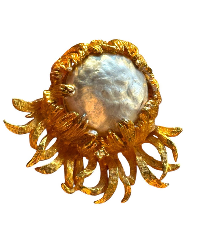 Vintage 1960s Golden Gold modernist fancy pearl Sunburst crystal accent Brooch