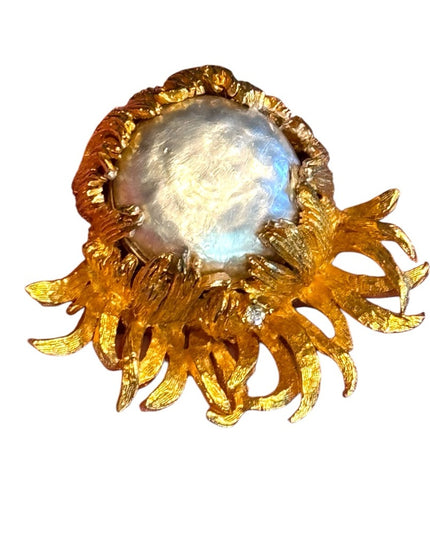 Vintage 1960s Golden Gold modernist fancy pearl Sunburst crystal accent Brooch