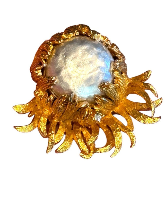 Vintage 1960s Golden Gold modernist fancy pearl Sunburst crystal accent Brooch