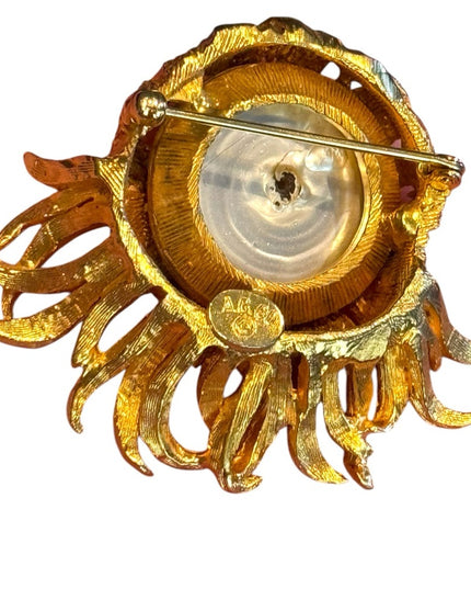 Vintage 1960s Golden Gold modernist fancy pearl Sunburst crystal accent Brooch