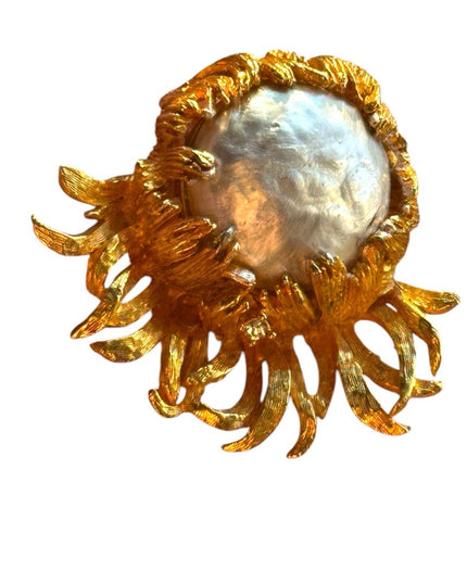 Vintage 1960s Golden Gold modernist fancy pearl Sunburst crystal accent Brooch