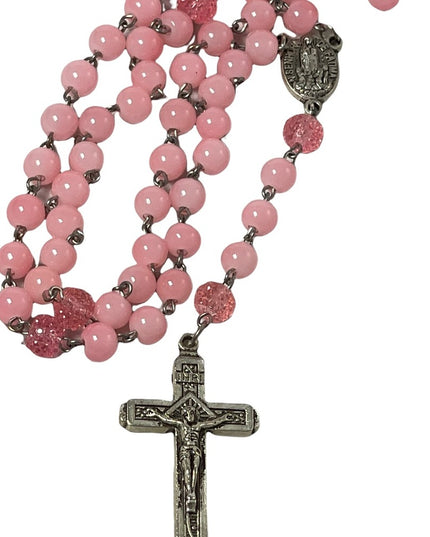 Fatima pink plastic Rosary silver crucifix religious