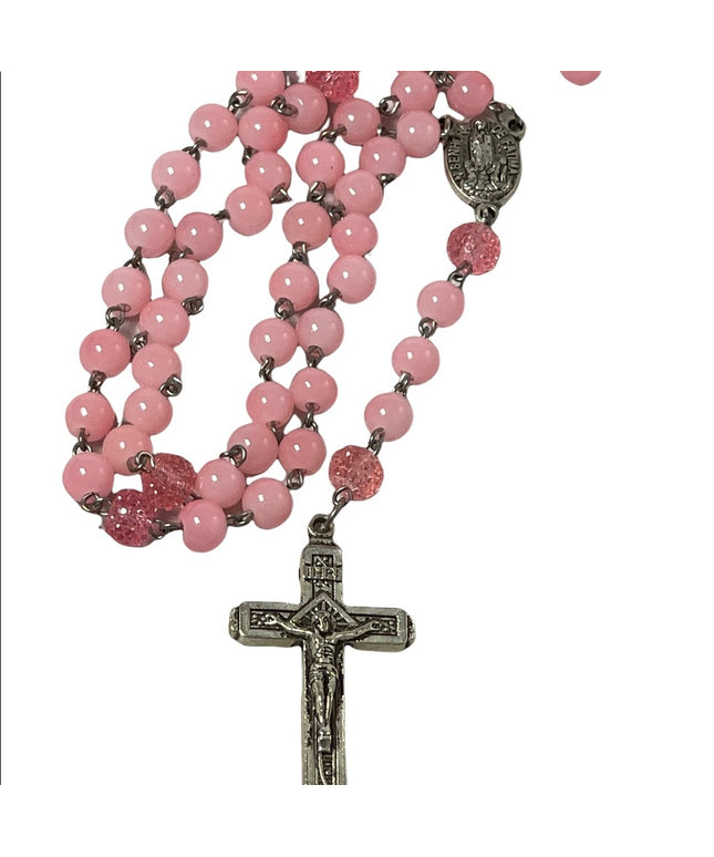 Fatima pink plastic Rosary silver crucifix religious