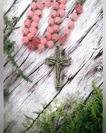 Fatima pink plastic Rosary silver crucifix religious