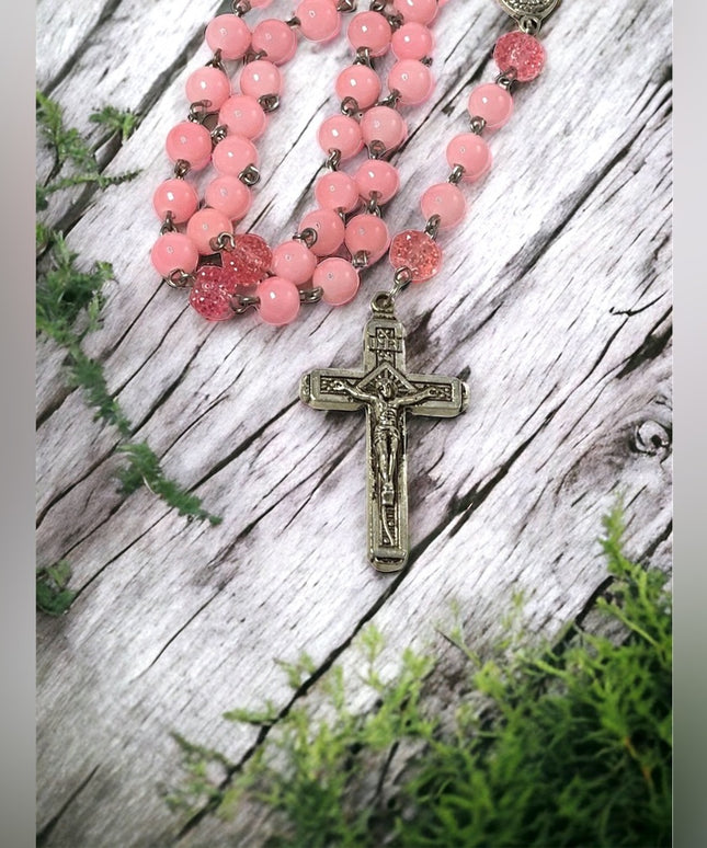 Fatima pink plastic Rosary silver crucifix religious