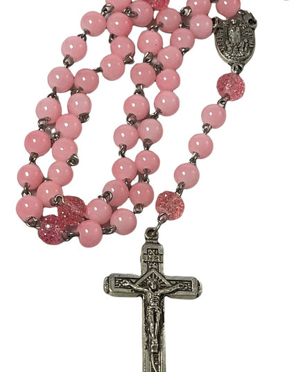 Fatima pink plastic Rosary silver crucifix religious