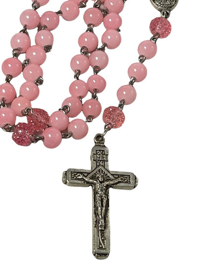 Fatima pink plastic Rosary silver crucifix religious