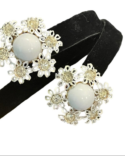 Vintage 1960s flower power white enameled crystal metal earrings clip on