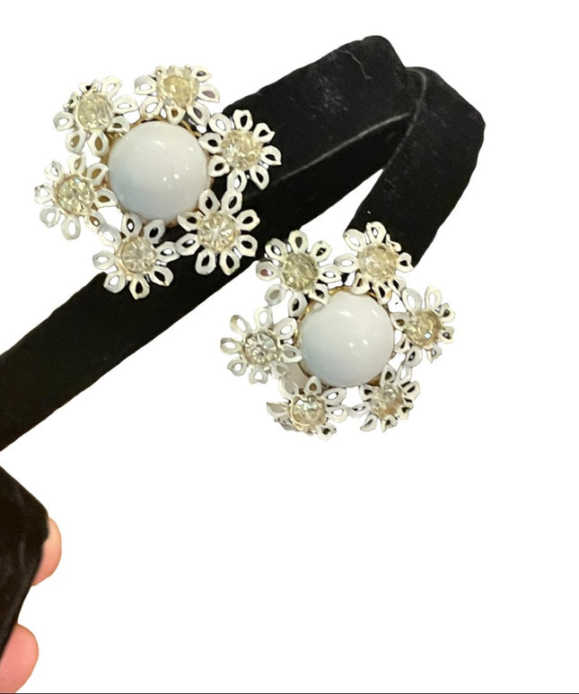 Vintage 1960s flower power white enameled crystal metal earrings clip on