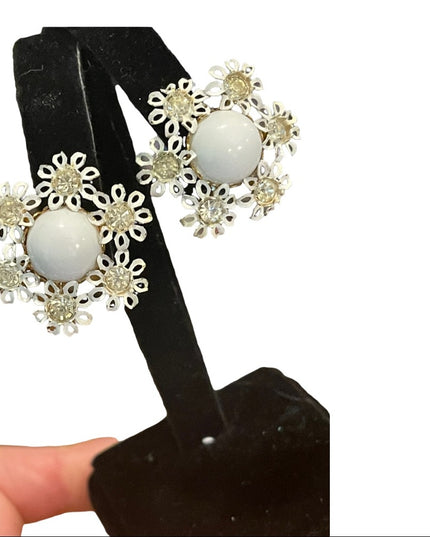 Vintage 1960s flower power white enameled crystal metal earrings clip on