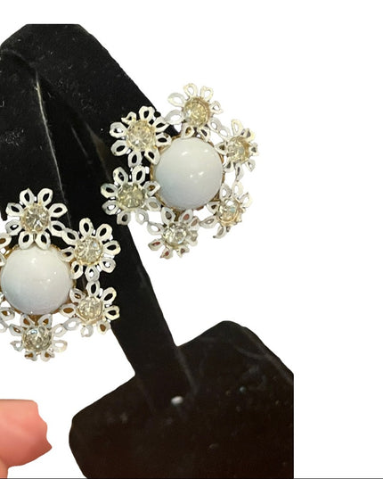 Vintage 1960s flower power white enameled crystal metal earrings clip on