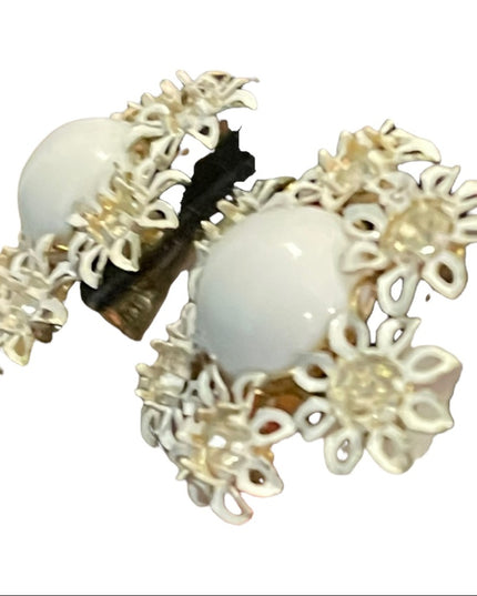 Vintage 1960s flower power white enameled crystal metal earrings clip on