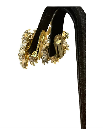 Vintage 1960s flower power white enameled crystal metal earrings clip on