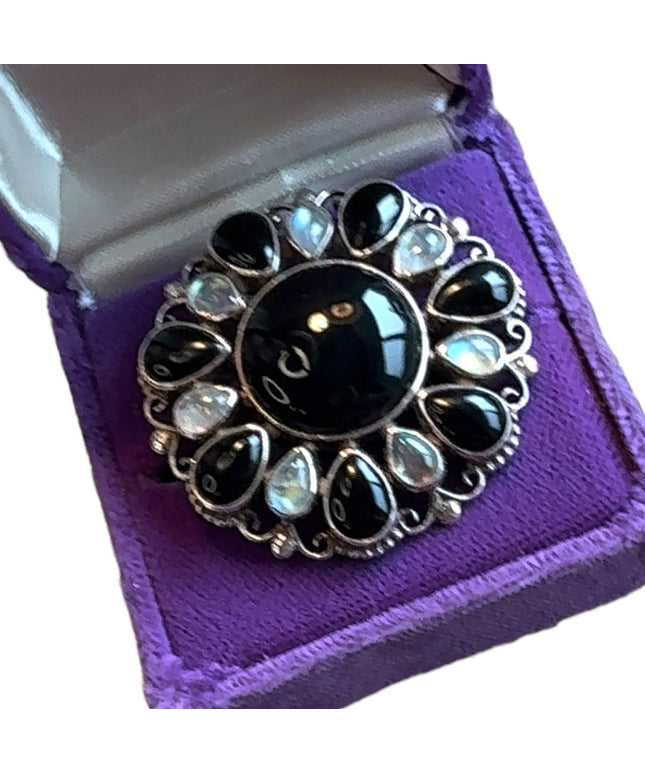 Lovely sterling silver 925 Nepal PTI black onyx & moonstone brooch pendant