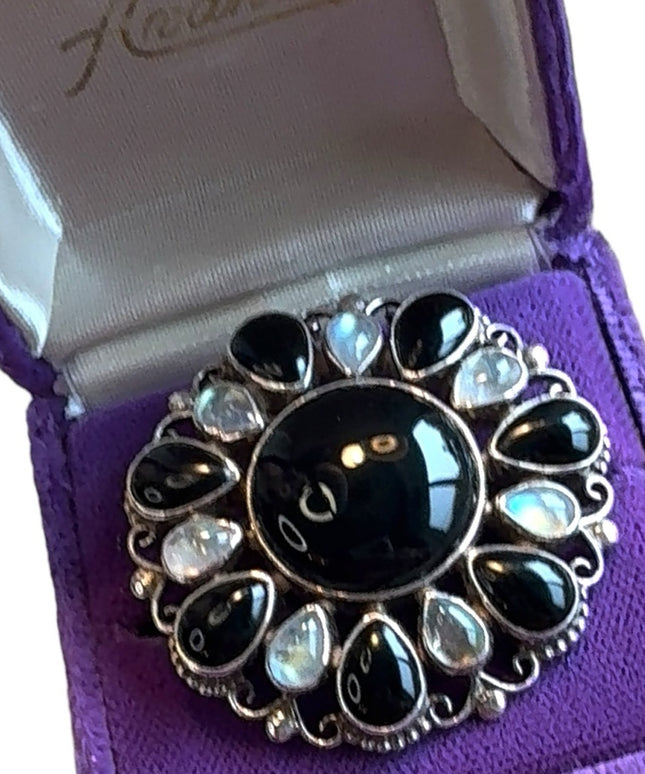 Lovely sterling silver 925 Nepal PTI black onyx & moonstone brooch pendant