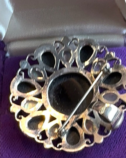 Lovely sterling silver 925 Nepal PTI black onyx & moonstone brooch pendant