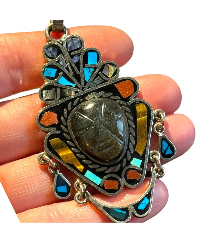 Vtg Sign Hecho en Mexico Black Onyx Carve Mayan Aztec Multi Stone Tribal Pendant