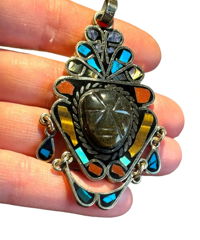 Vtg Sign Hecho en Mexico Black Onyx Carve Mayan Aztec Multi Stone Tribal Pendant