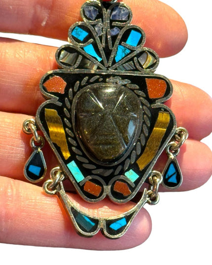 Vtg Sign Hecho en Mexico Black Onyx Carve Mayan Aztec Multi Stone Tribal Pendant