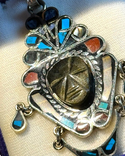 Vtg Sign Hecho en Mexico Black Onyx Carve Mayan Aztec Multi Stone Tribal Pendant