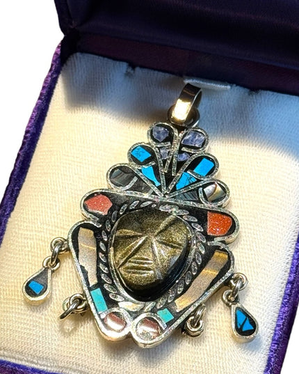 Vtg Sign Hecho en Mexico Black Onyx Carve Mayan Aztec Multi Stone Tribal Pendant