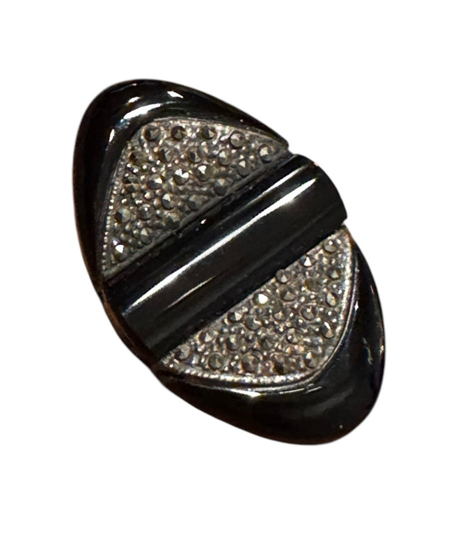 Vintage black onyx marcasite art deco inspired brooch sterling silver 925 VIVAH