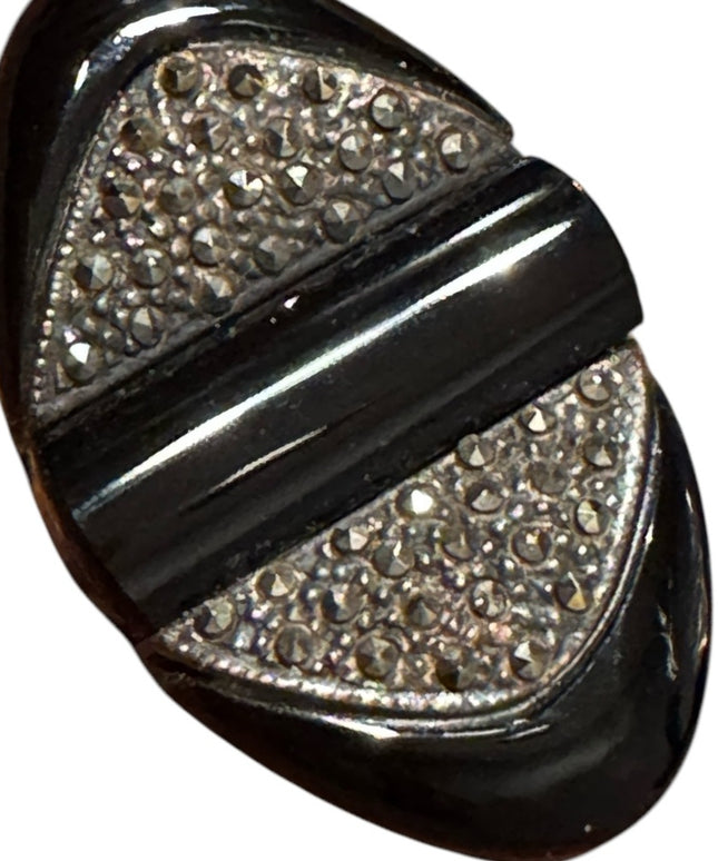 Vintage black onyx marcasite art deco inspired brooch sterling silver 925 VIVAH