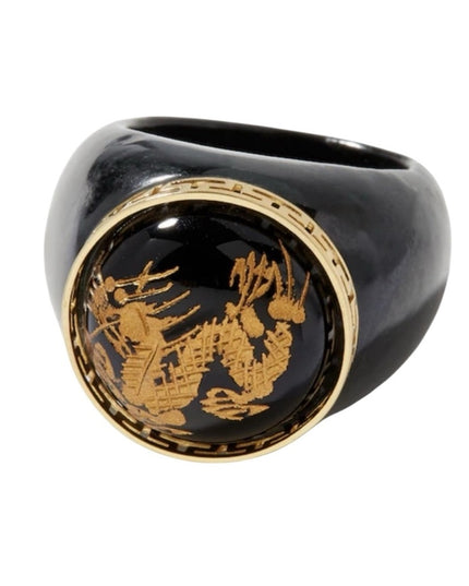 Roz Kwan Sterling Silver Gold Plated Carved Dragon Black Onyx Charcoal Jade Ring
