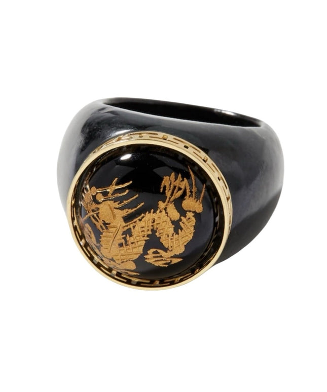 Roz Kwan Sterling Silver Gold Plated Carved Dragon Black Onyx Charcoal Jade Ring