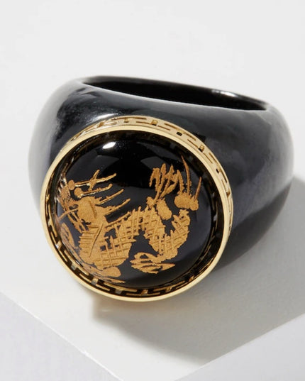 Roz Kwan Sterling Silver Gold Plated Carved Dragon Black Onyx Charcoal Jade Ring