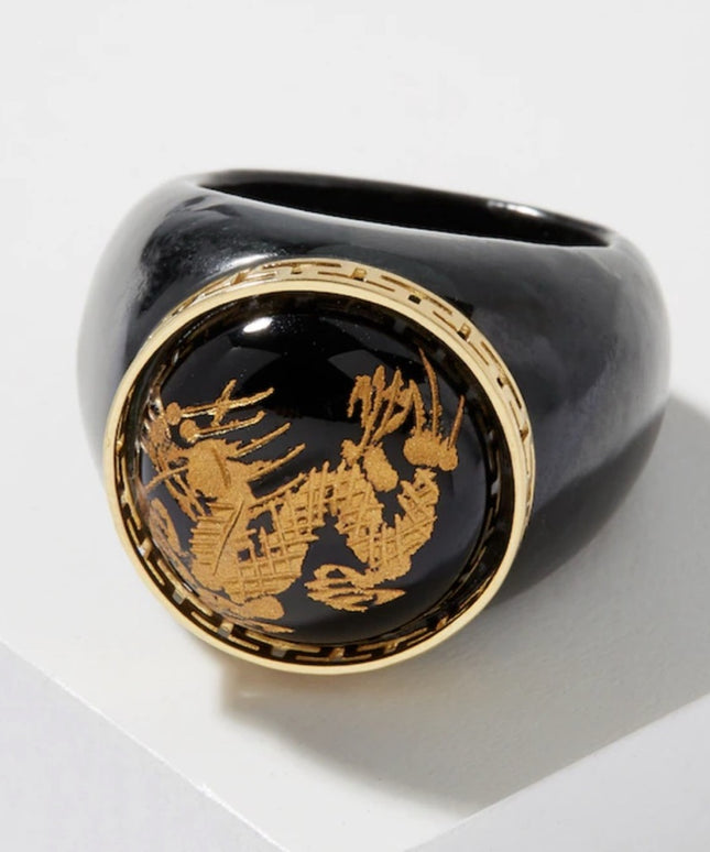 Roz Kwan Sterling Silver Gold Plated Carved Dragon Black Onyx Charcoal Jade Ring