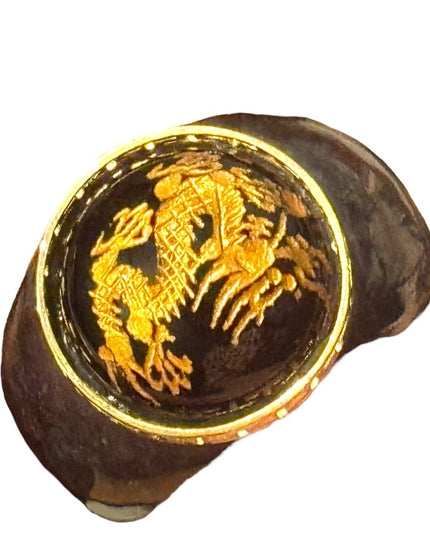 Roz Kwan Sterling Silver Gold Plated Carved Dragon Black Onyx Charcoal Jade Ring
