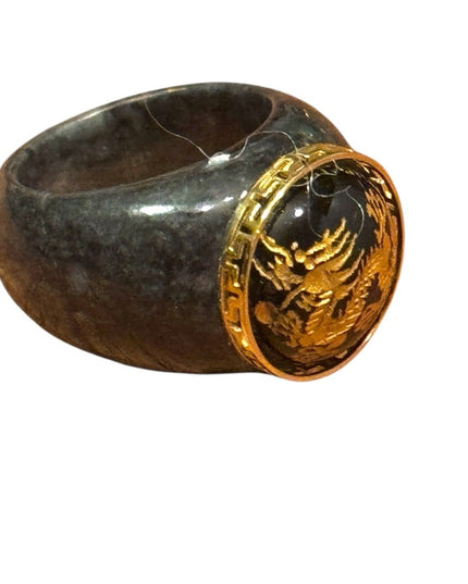 Roz Kwan Sterling Silver Gold Plated Carved Dragon Black Onyx Charcoal Jade Ring