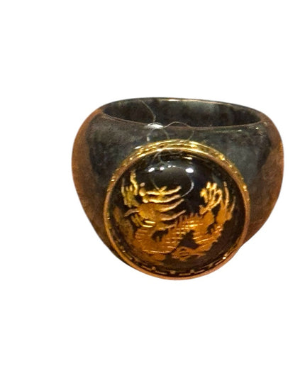 Roz Kwan Sterling Silver Gold Plated Carved Dragon Black Onyx Charcoal Jade Ring
