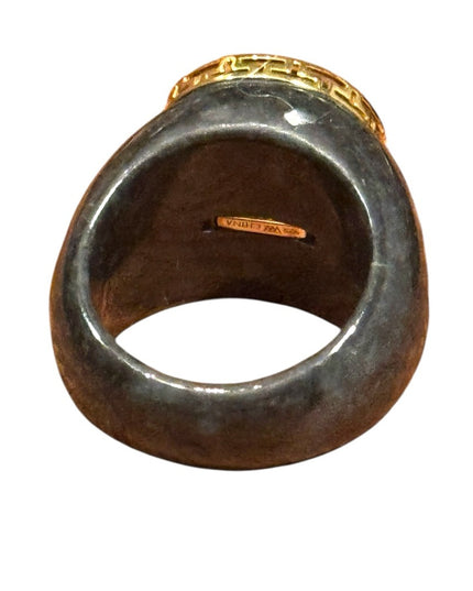 Roz Kwan Sterling Silver Gold Plated Carved Dragon Black Onyx Charcoal Jade Ring