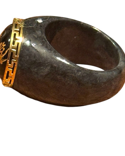 Roz Kwan Sterling Silver Gold Plated Carved Dragon Black Onyx Charcoal Jade Ring