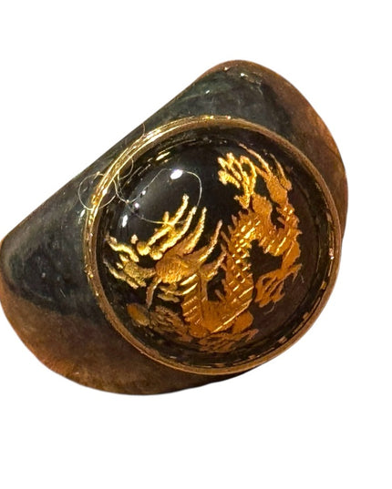 Roz Kwan Sterling Silver Gold Plated Carved Dragon Black Onyx Charcoal Jade Ring